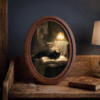 Black Cat Reading Antique Oil Painting Wall Art, Dark Academia Decor, Wood & Canvas Framed Art, Moody Library Aesthetic