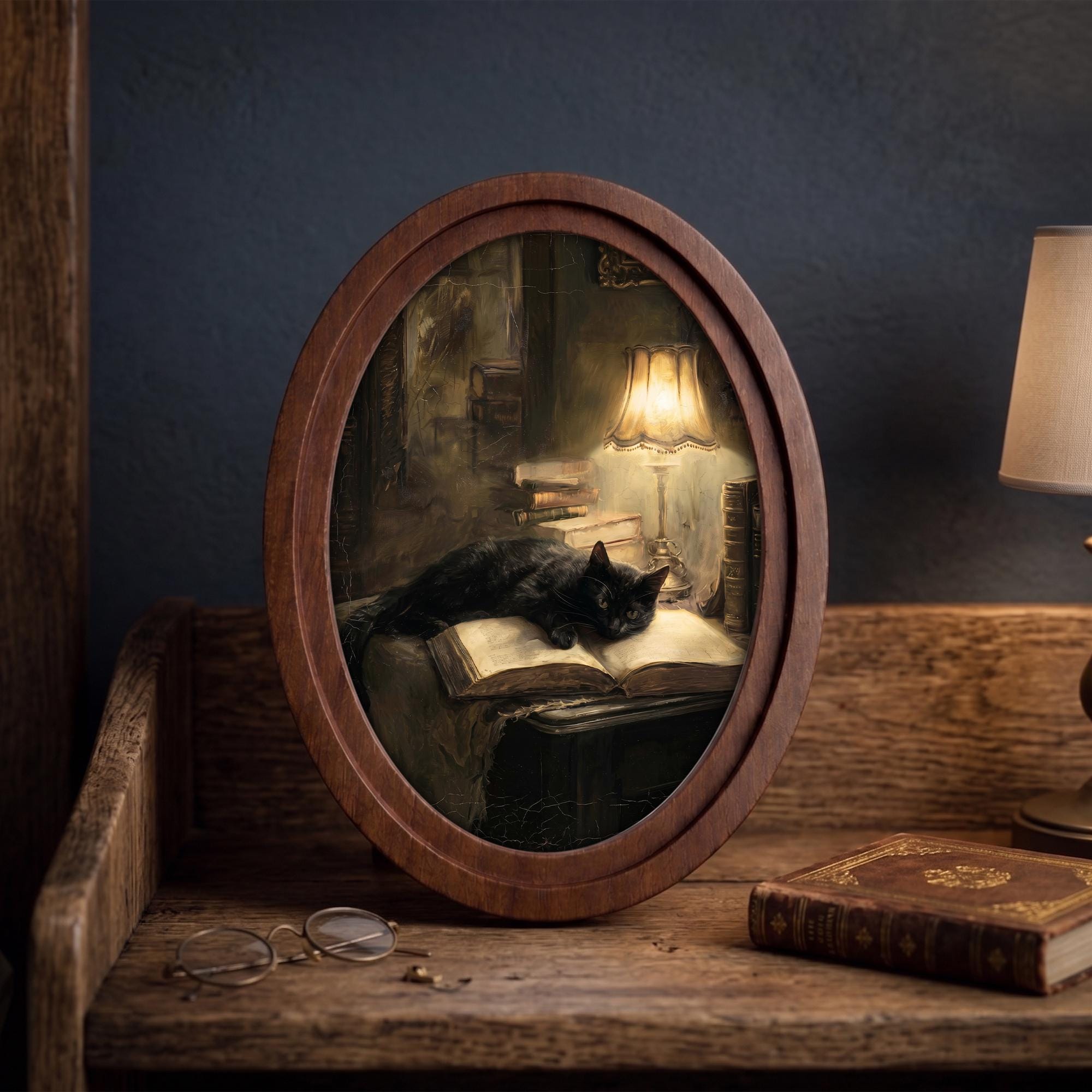 Black Cat Reading Antique Oil Painting Wall Art, Dark Academia Decor, Wood & Canvas Framed Art, Moody Library Aesthetic