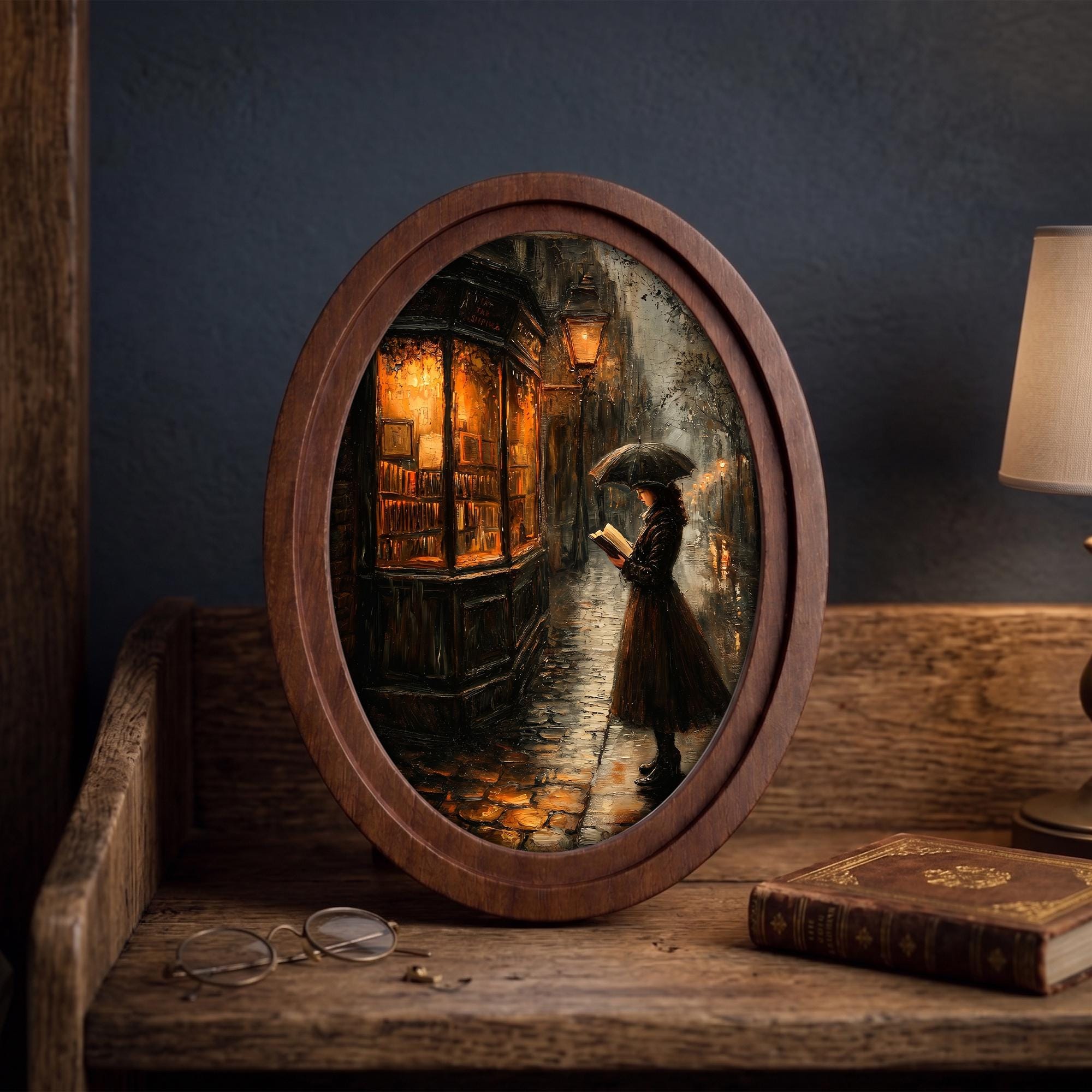 Vintage Bookshop Oil Painting, Dark Academia Wall Art, Rainy Street Framed Canvas, Moody Bookstore Decor, Book Lover Gift, Wood Framed Art