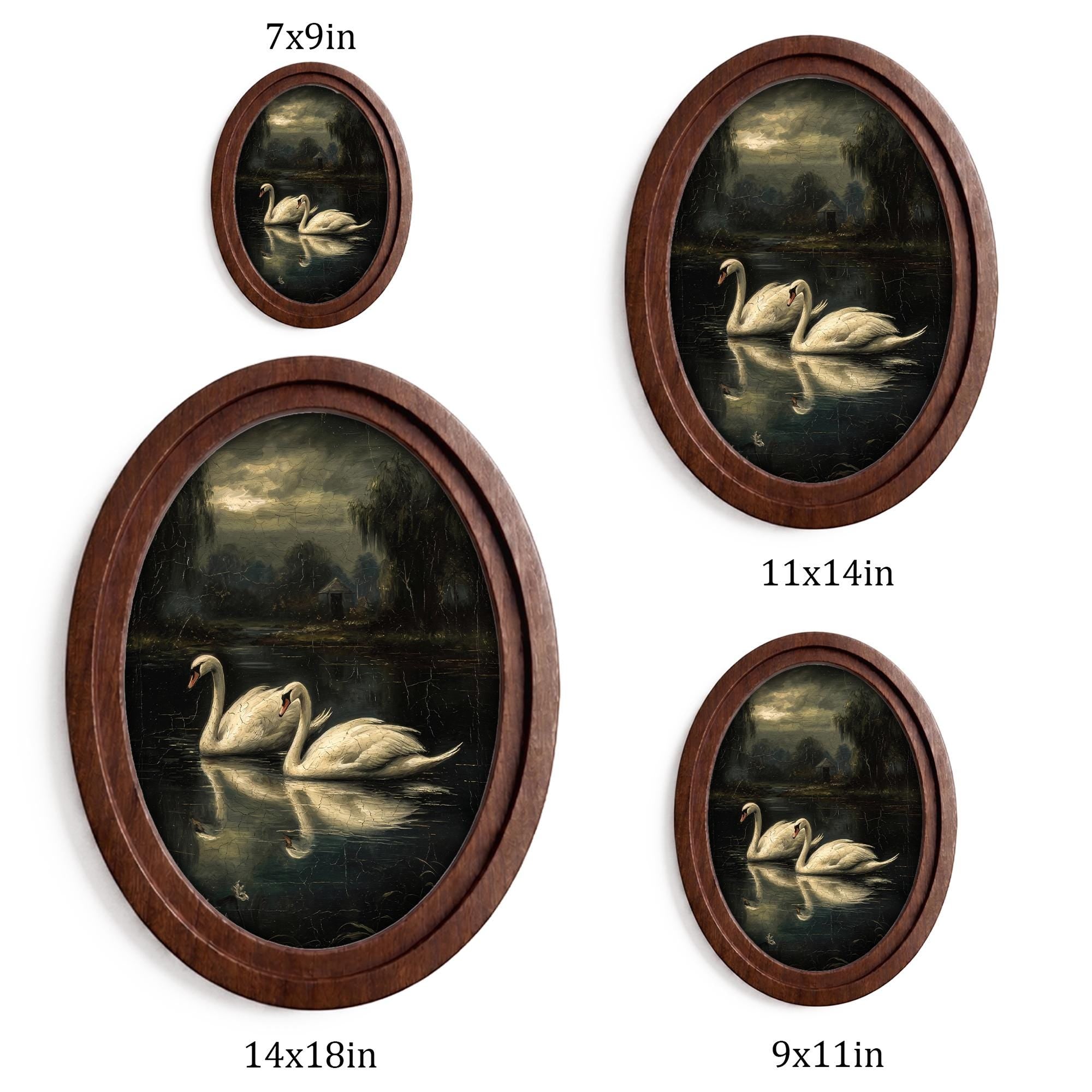 Swan Lake Oil Painting, Moody Dark Academia Wall Art, Vintage Swan Framed Canvas, Gothic Lake Landscape Decor, Elegant Wood Framed Art Gift