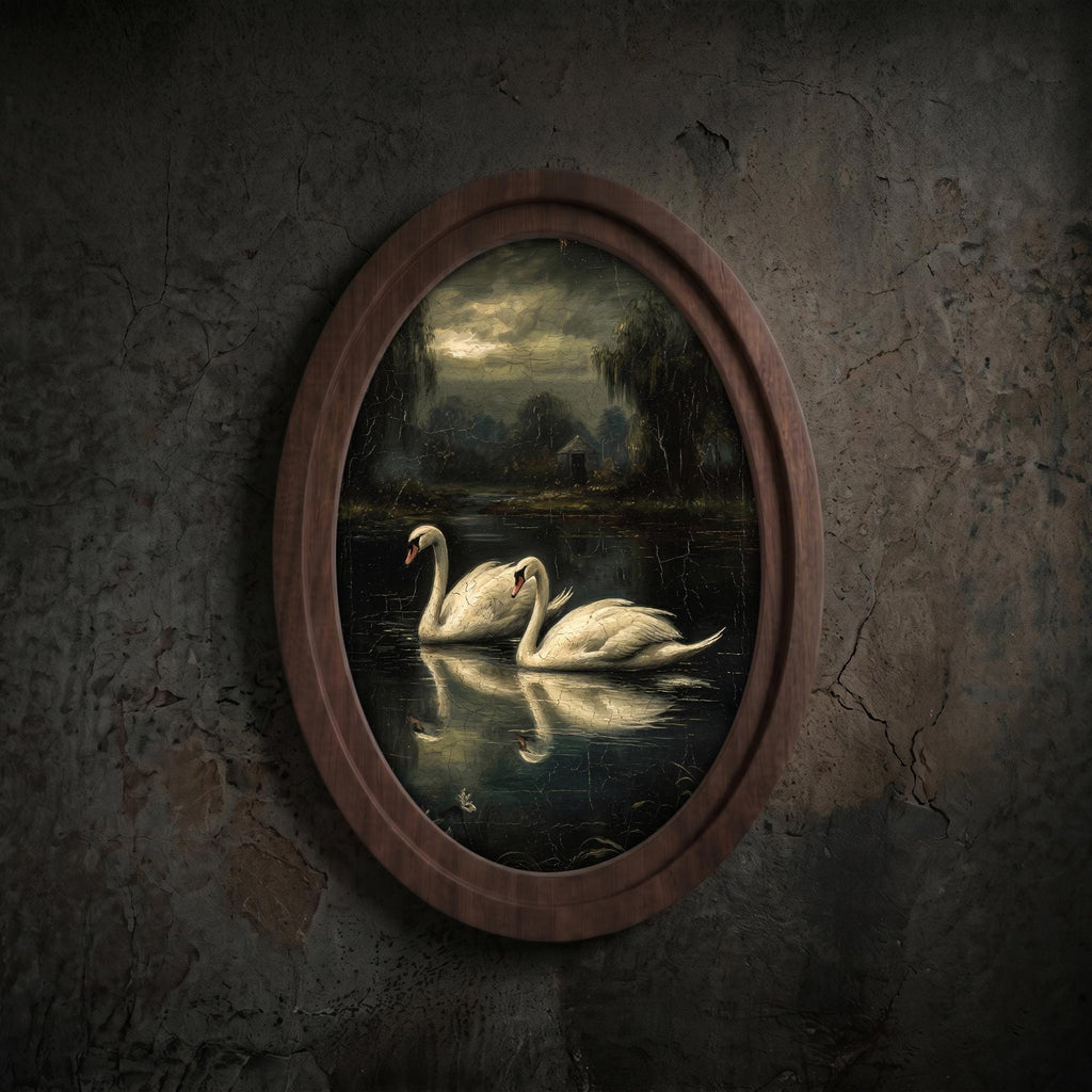 Swan Lake Oil Painting, Moody Dark Academia Wall Art, Vintage Swan Framed Canvas, Gothic Lake Landscape Decor, Elegant Wood Framed Art Gift