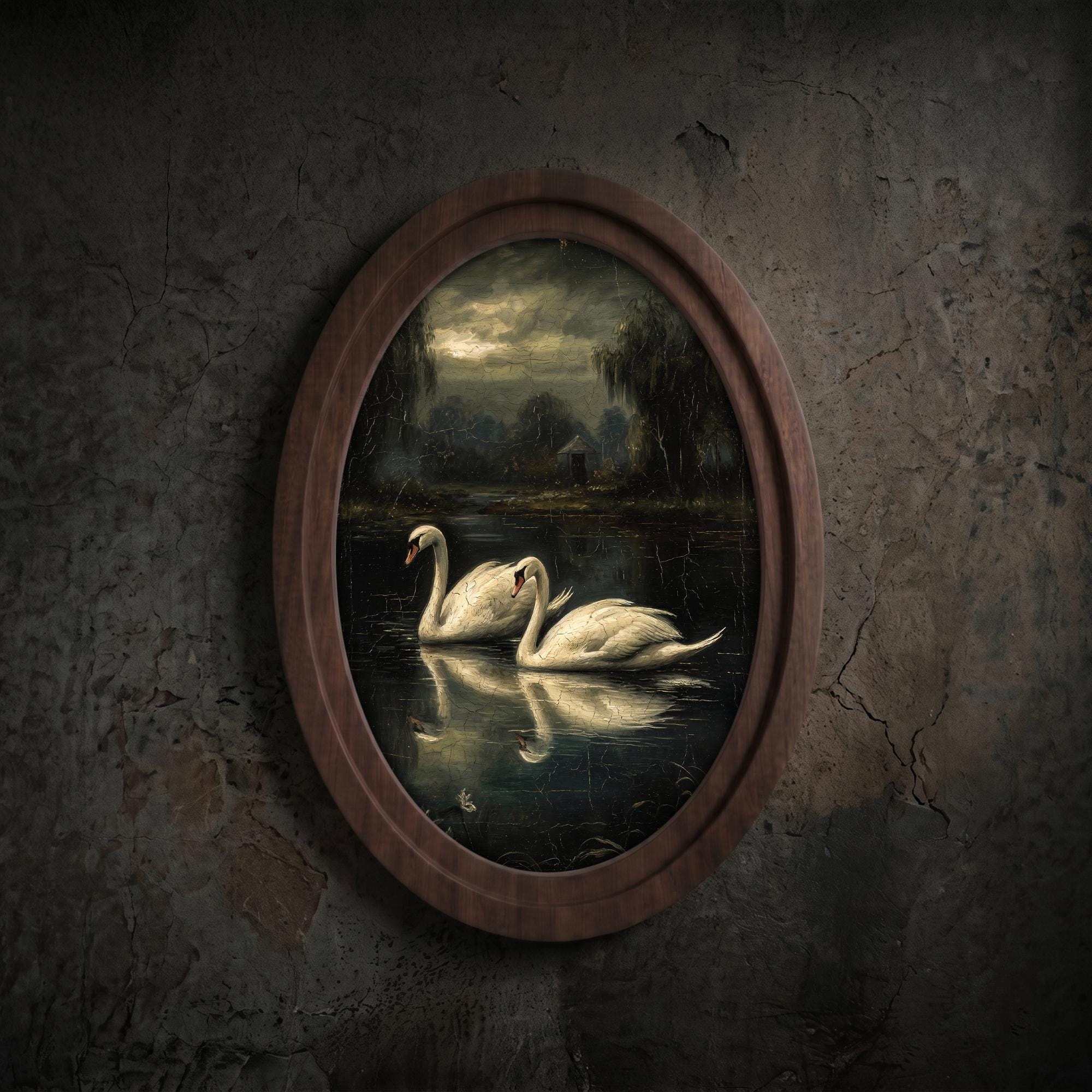 Swan Lake Oil Painting, Moody Dark Academia Wall Art, Vintage Swan Framed Canvas, Gothic Lake Landscape Decor, Elegant Wood Framed Art Gift