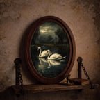 Swan Lake Oil Painting, Moody Dark Academia Wall Art, Vintage Swan Framed Canvas, Gothic Lake Landscape Decor, Elegant Wood Framed Art Gift