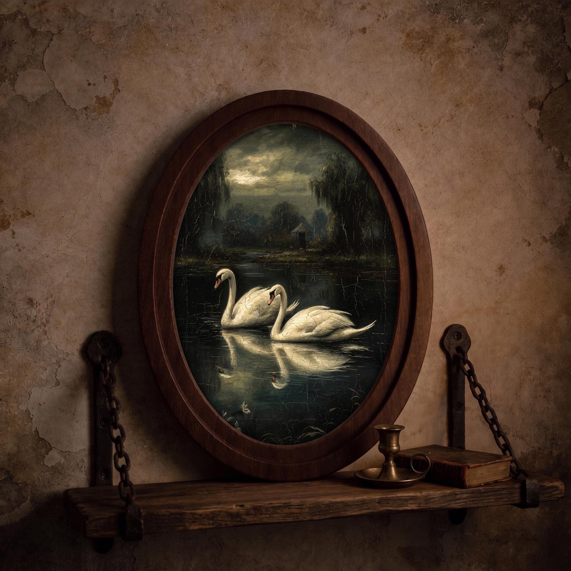 Swan Lake Oil Painting, Moody Dark Academia Wall Art, Vintage Swan Framed Canvas, Gothic Lake Landscape Decor, Elegant Wood Framed Art Gift
