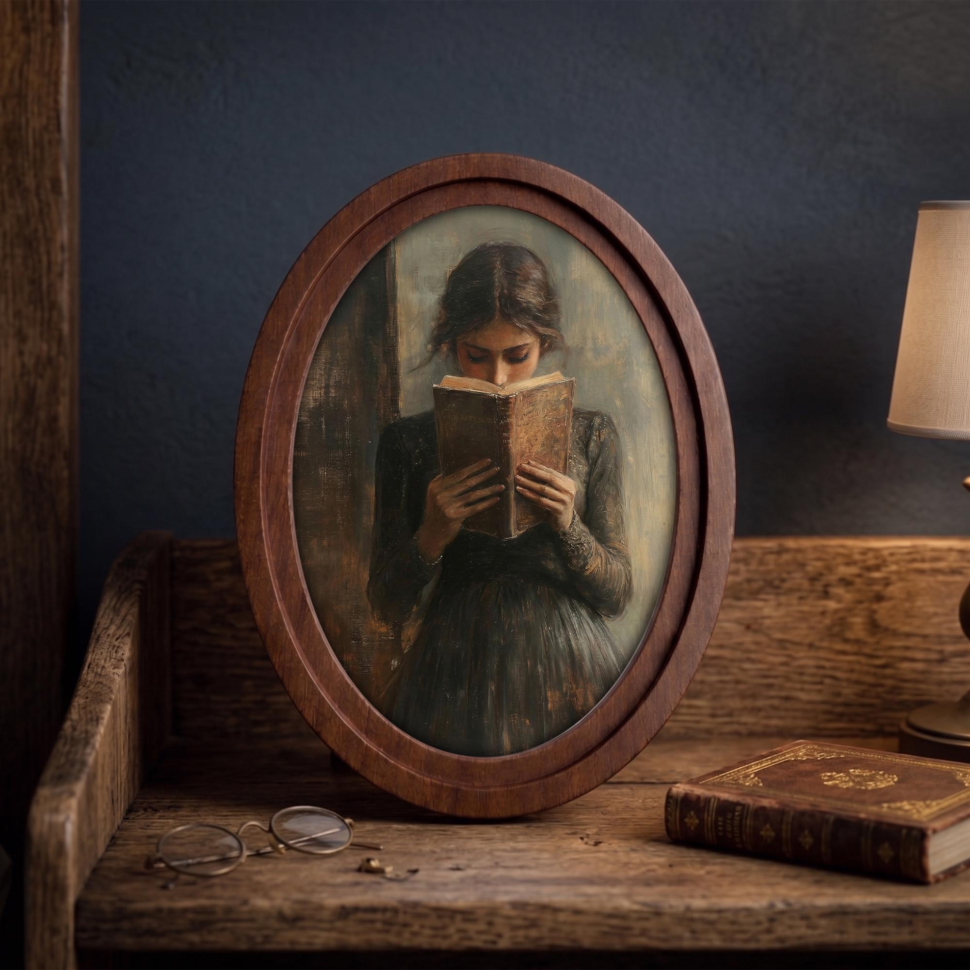Dark Academia Girl Reading Oil Painting, Moody Woman Portrait Wall Art, Vintage Bibliophile Framed Canvas, Wood Book Lover Gift