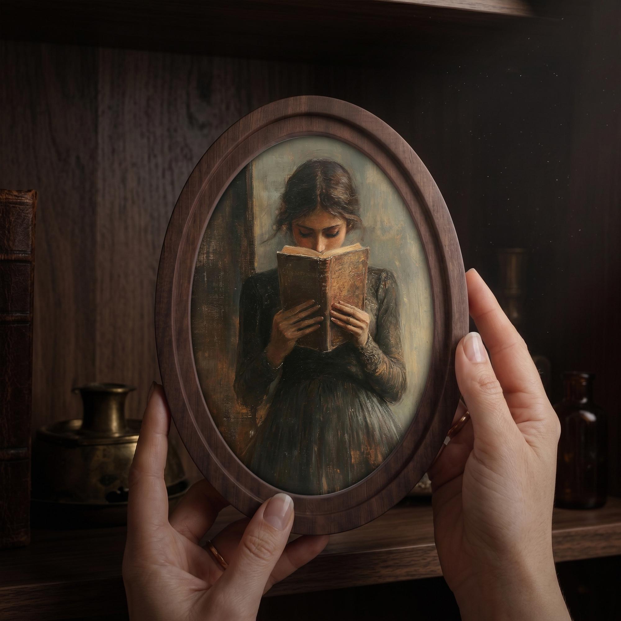Dark Academia Girl Reading Oil Painting, Moody Woman Portrait Wall Art, Vintage Bibliophile Framed Canvas, Wood Book Lover Gift