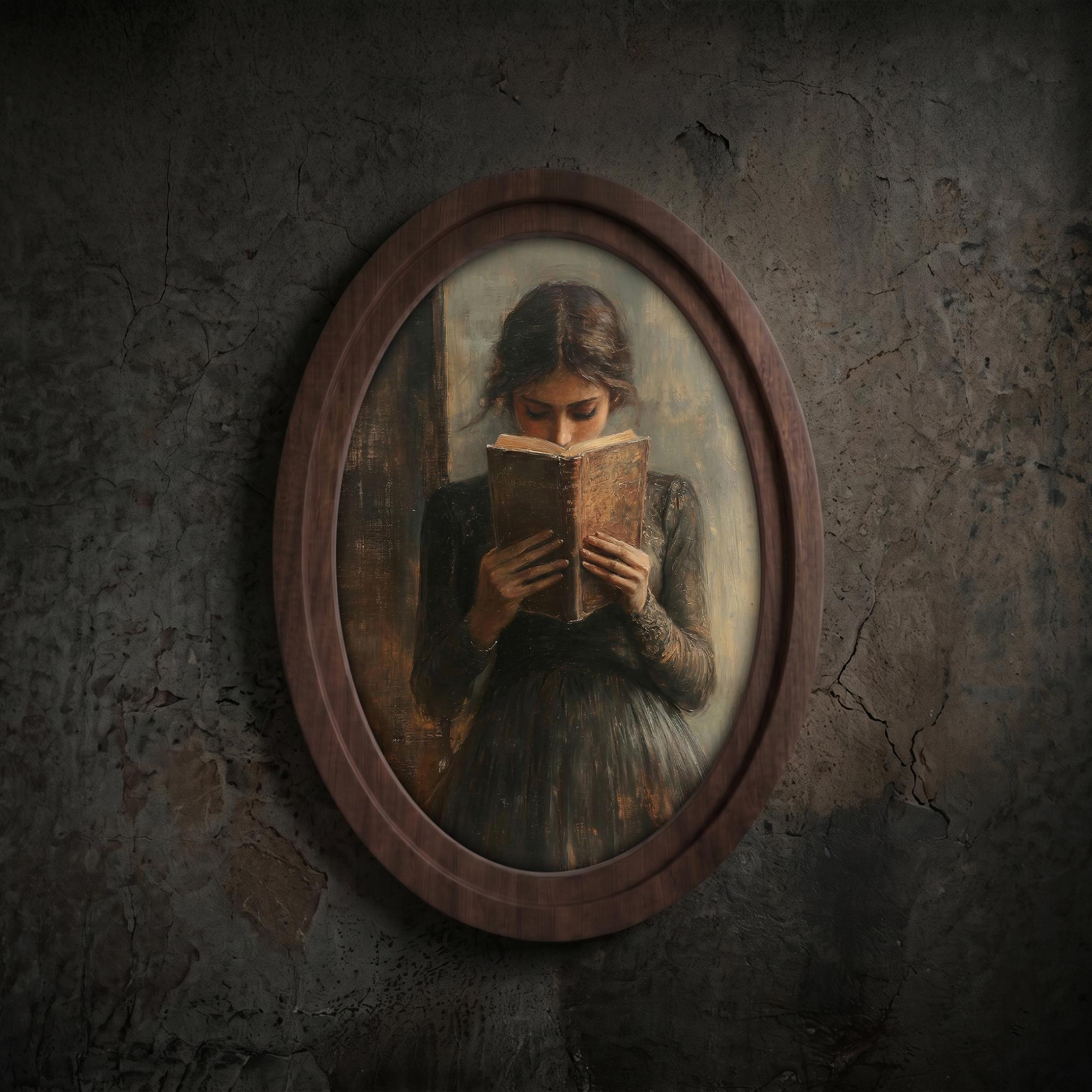Dark Academia Girl Reading Oil Painting, Moody Woman Portrait Wall Art, Vintage Bibliophile Framed Canvas, Wood Book Lover Gift
