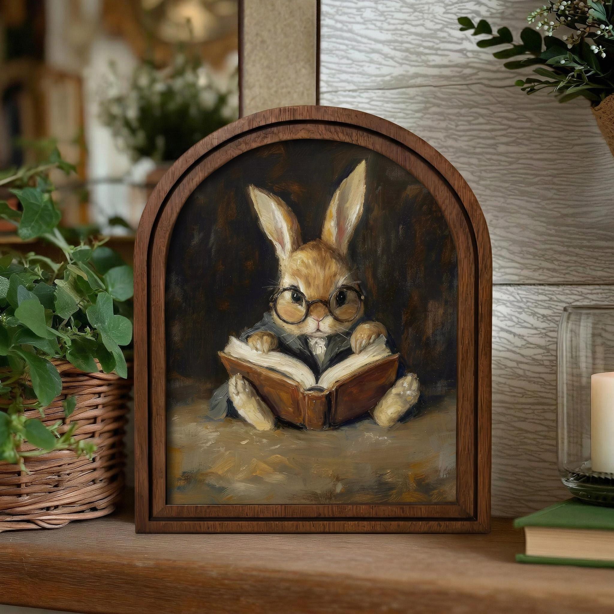 Cottagecore Wall Art, Reading Bunny Painting, Dark Academia Decor, Cute Rabbit Print, Vintage Wood Canvas Art, Academic Animal Poster, Gift