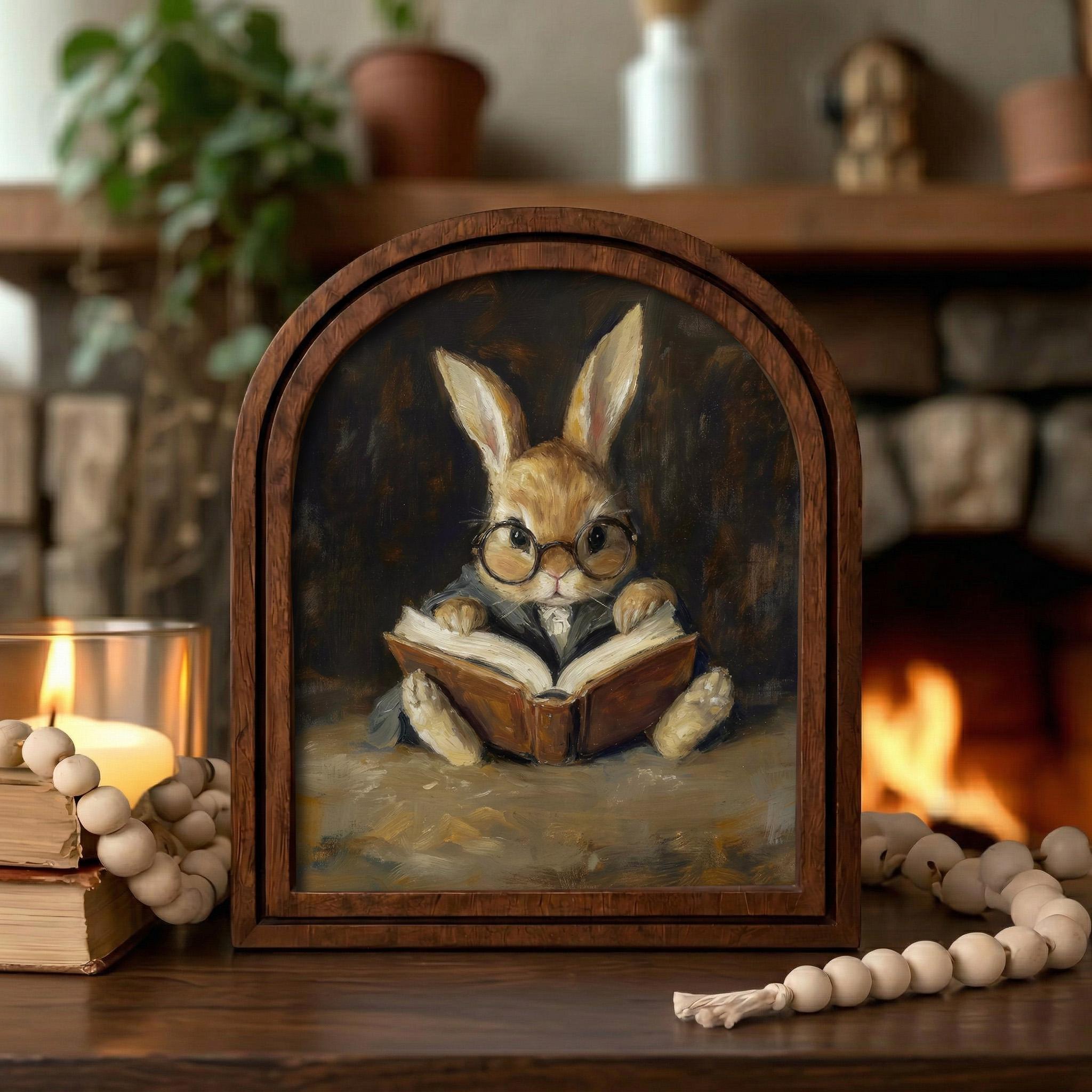 Cottagecore Wall Art, Reading Bunny Painting, Dark Academia Decor, Cute Rabbit Print, Vintage Wood Canvas Art, Academic Animal Poster, Gift