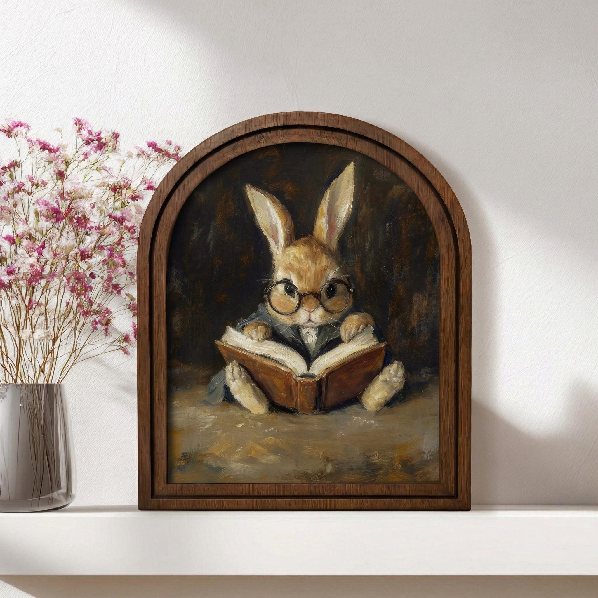 Cottagecore Wall Art, Reading Bunny Painting, Dark Academia Decor, Cute Rabbit Print, Vintage Wood Canvas Art, Academic Animal Poster, Gift