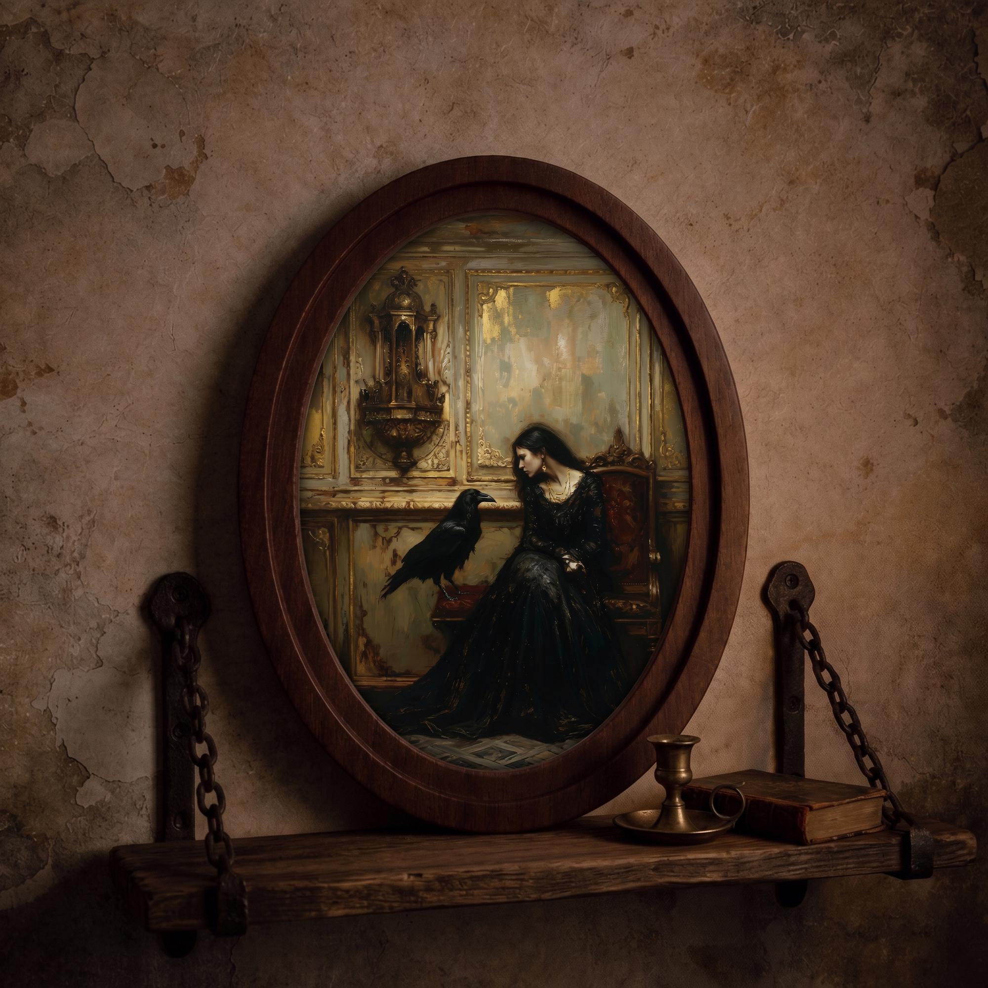 Gothic Woman & Raven Wall Art in Oval Wood Frame, Dark Academia Canvas, Vintage Victorian Decor, Moody Aesthetic Painting