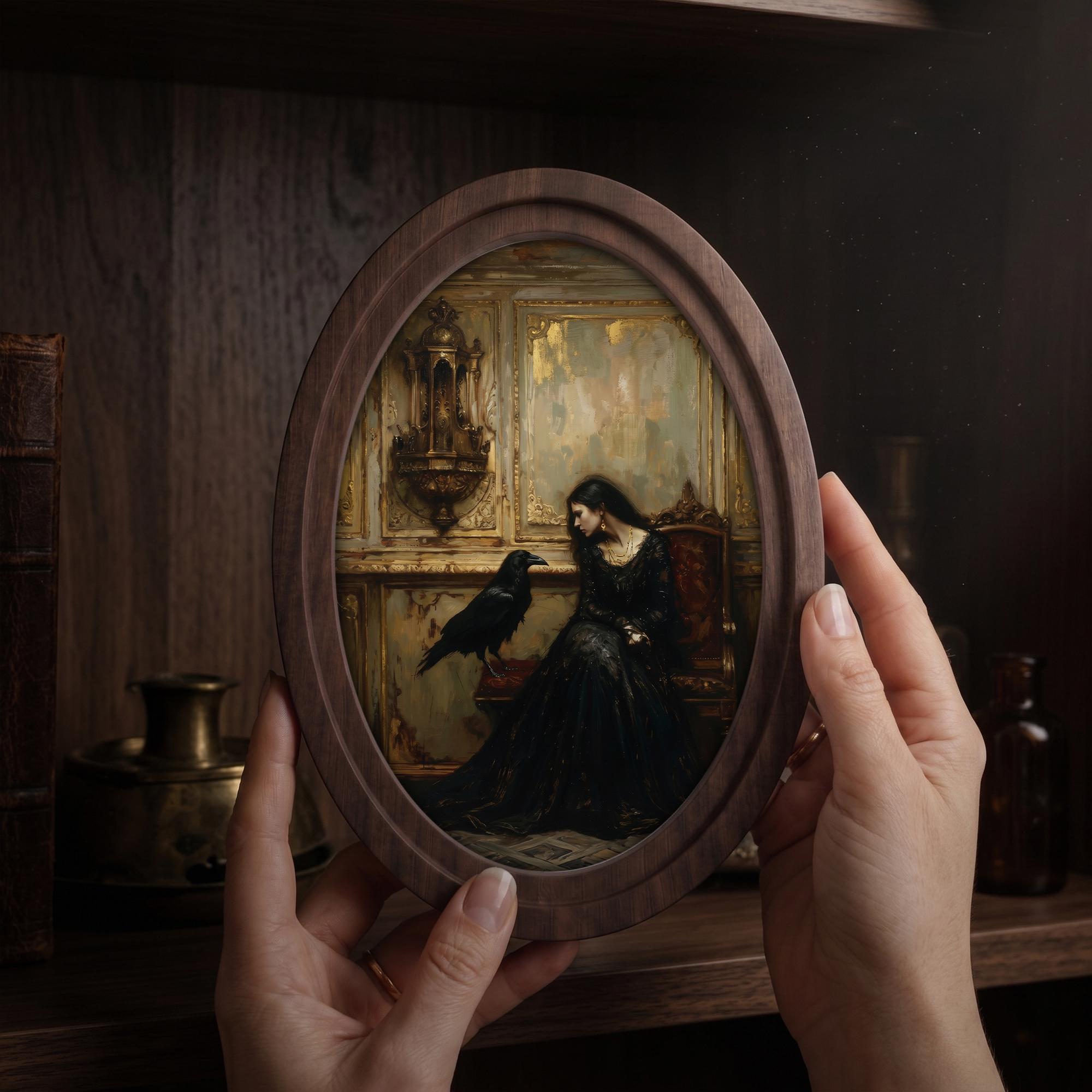 Gothic Woman & Raven Wall Art in Oval Wood Frame, Dark Academia Canvas, Vintage Victorian Decor, Moody Aesthetic Painting