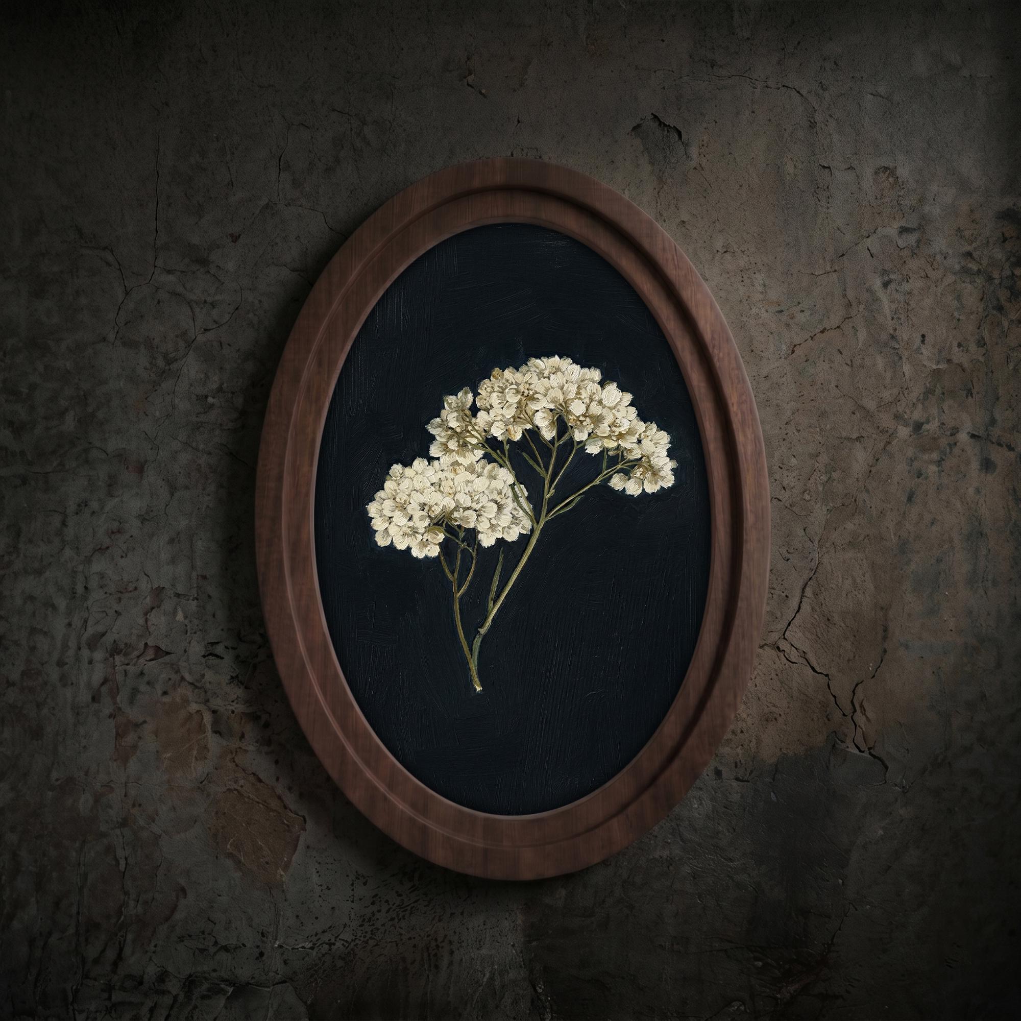 Minimalist Botanical Wall Art in Oval Wood Frame, Dark Floral Canvas, Vintage Wildflower Decor, Moody Nature Print