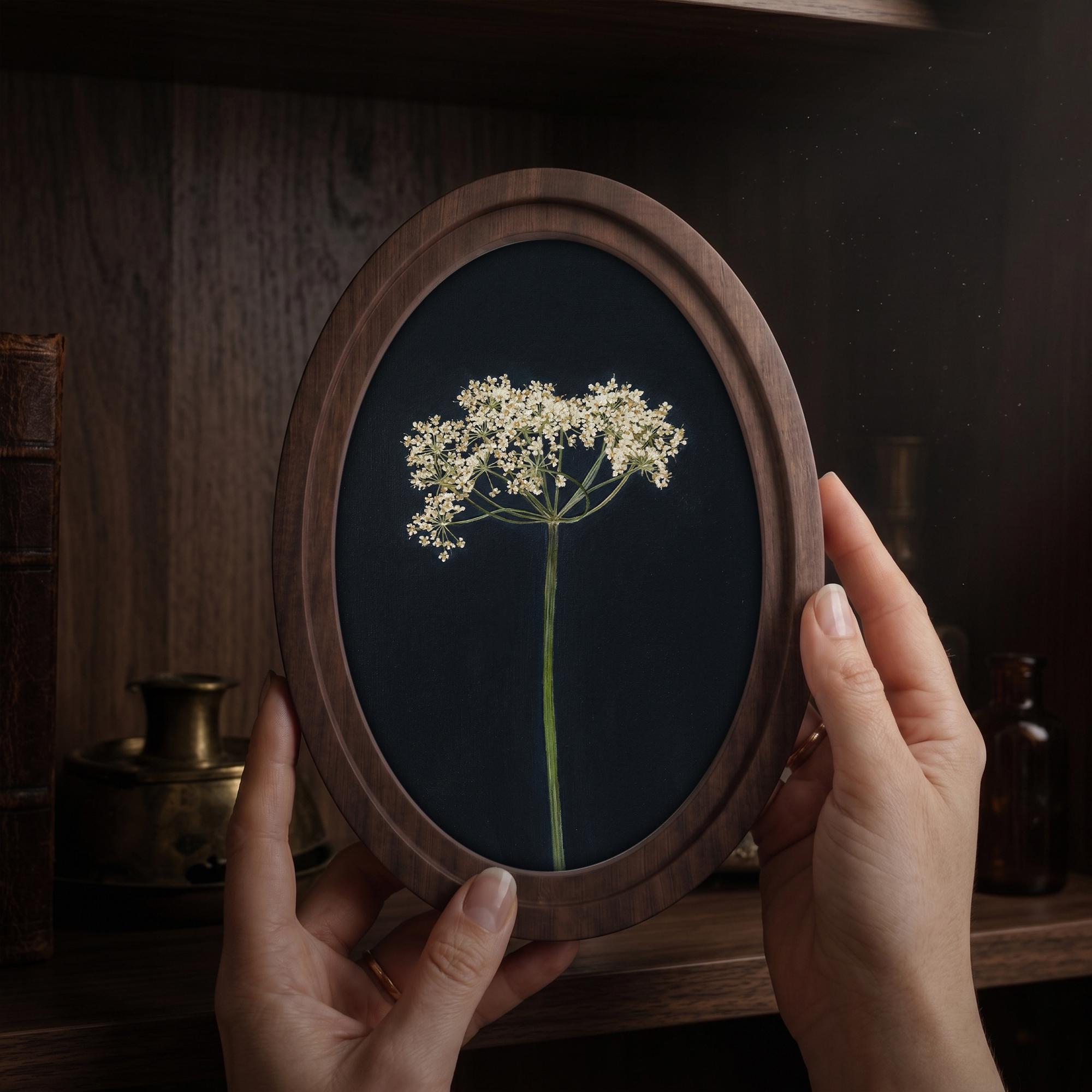 Minimalist Botanical Wall Art Oval Frame, Wildflower Canvas Print, Dark Floral Decor, Vintage Nature Wall Art