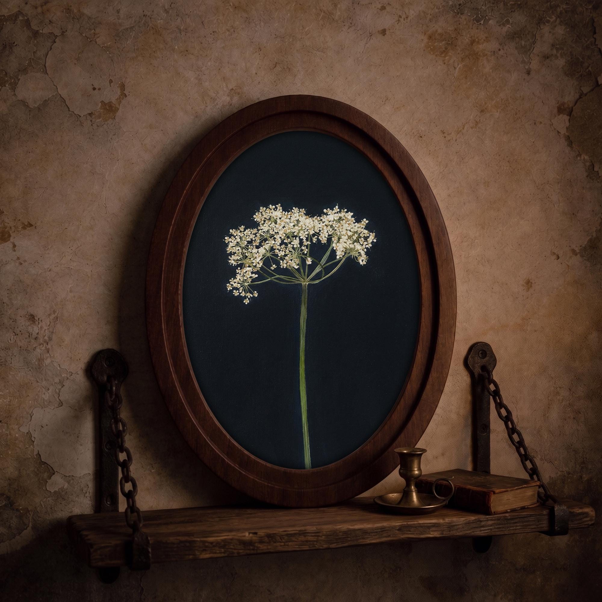 Minimalist Botanical Wall Art Oval Frame, Wildflower Canvas Print, Dark Floral Decor, Vintage Nature Wall Art