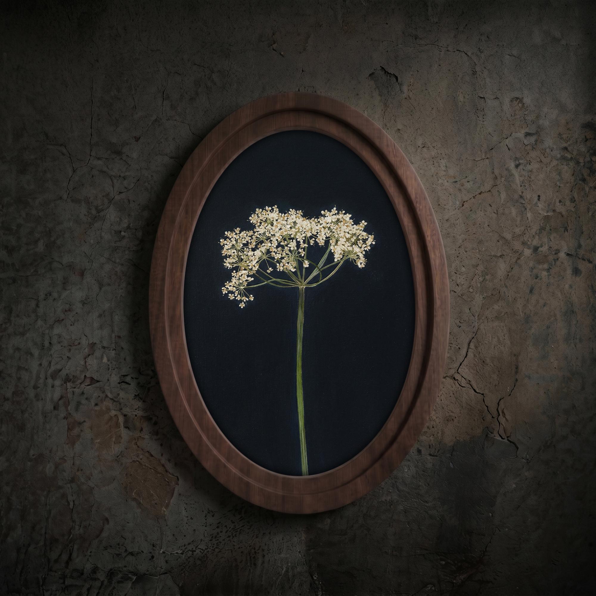 Minimalist Botanical Wall Art Oval Frame, Wildflower Canvas Print, Dark Floral Decor, Vintage Nature Wall Art