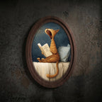 Funny Cat Reading Wall Art in Oval Wood Frame, Cute Cat Canvas Print, Whimsical Animal Decor, Cozy Bedroom Wall Art
