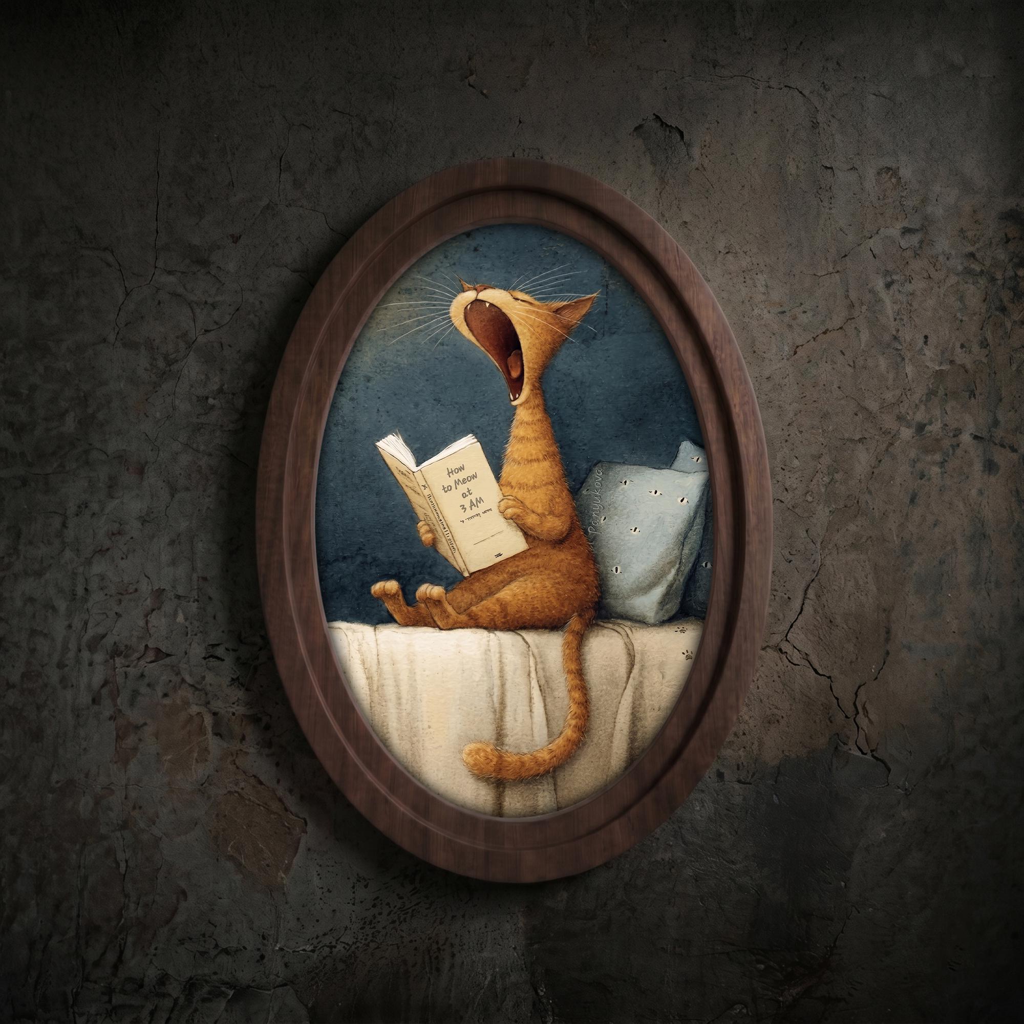 Funny Cat Reading Wall Art in Oval Wood Frame, Cute Cat Canvas Print, Whimsical Animal Decor, Cozy Bedroom Wall Art