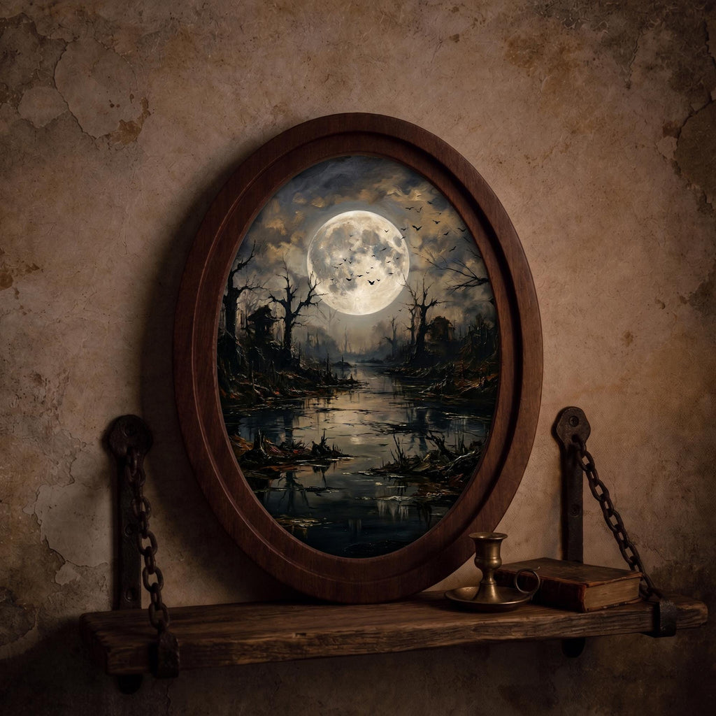 Dark Moon Landscape Wall Art in Oval Wood Frame, Gothic Night Canvas, Moody Forest Decor, Full Moon Painting