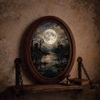 Dark Moon Landscape Wall Art in Oval Wood Frame, Gothic Night Canvas, Moody Forest Decor, Full Moon Painting