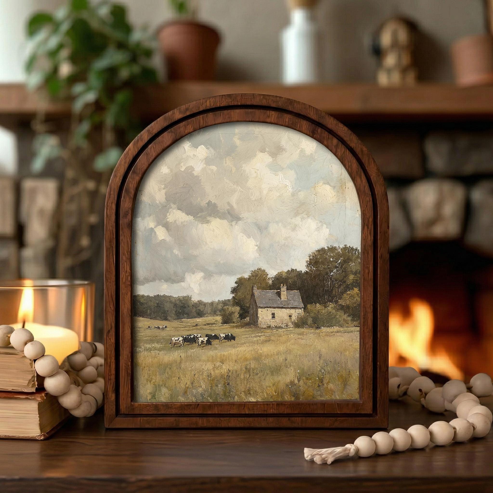 Vintage Farmhouse Cow Landscape Wood Arch Frame, Rustic Stone Cottage Oil Painting, Country Meadow Wall Art, European Farm Canvas Print Gift