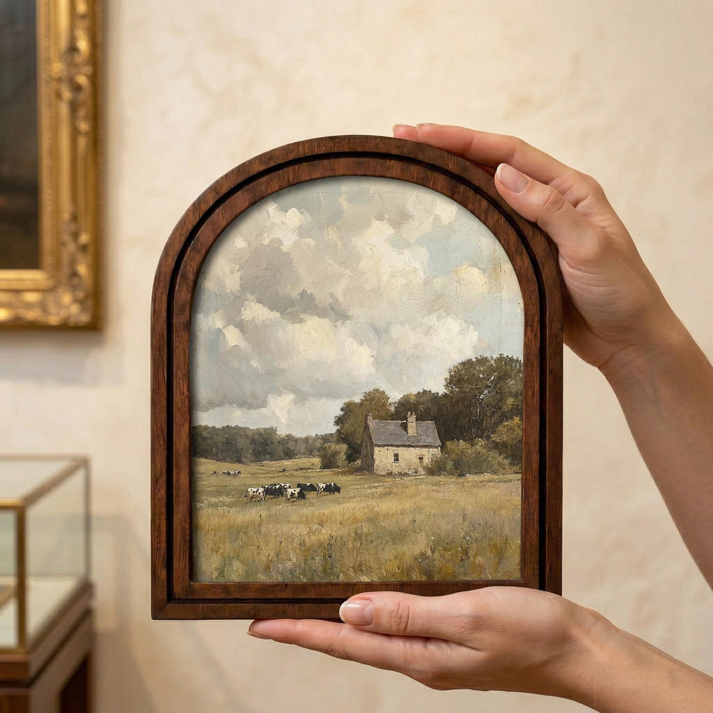 Vintage Farmhouse Cow Landscape Wood Arch Frame, Rustic Stone Cottage Oil Painting, Country Meadow Wall Art, European Farm Canvas Print Gift