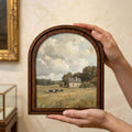 Vintage Farmhouse Cow Landscape Wood Arch Frame, Rustic Stone Cottage Oil Painting, Country Meadow Wall Art, European Farm Canvas Print Gift