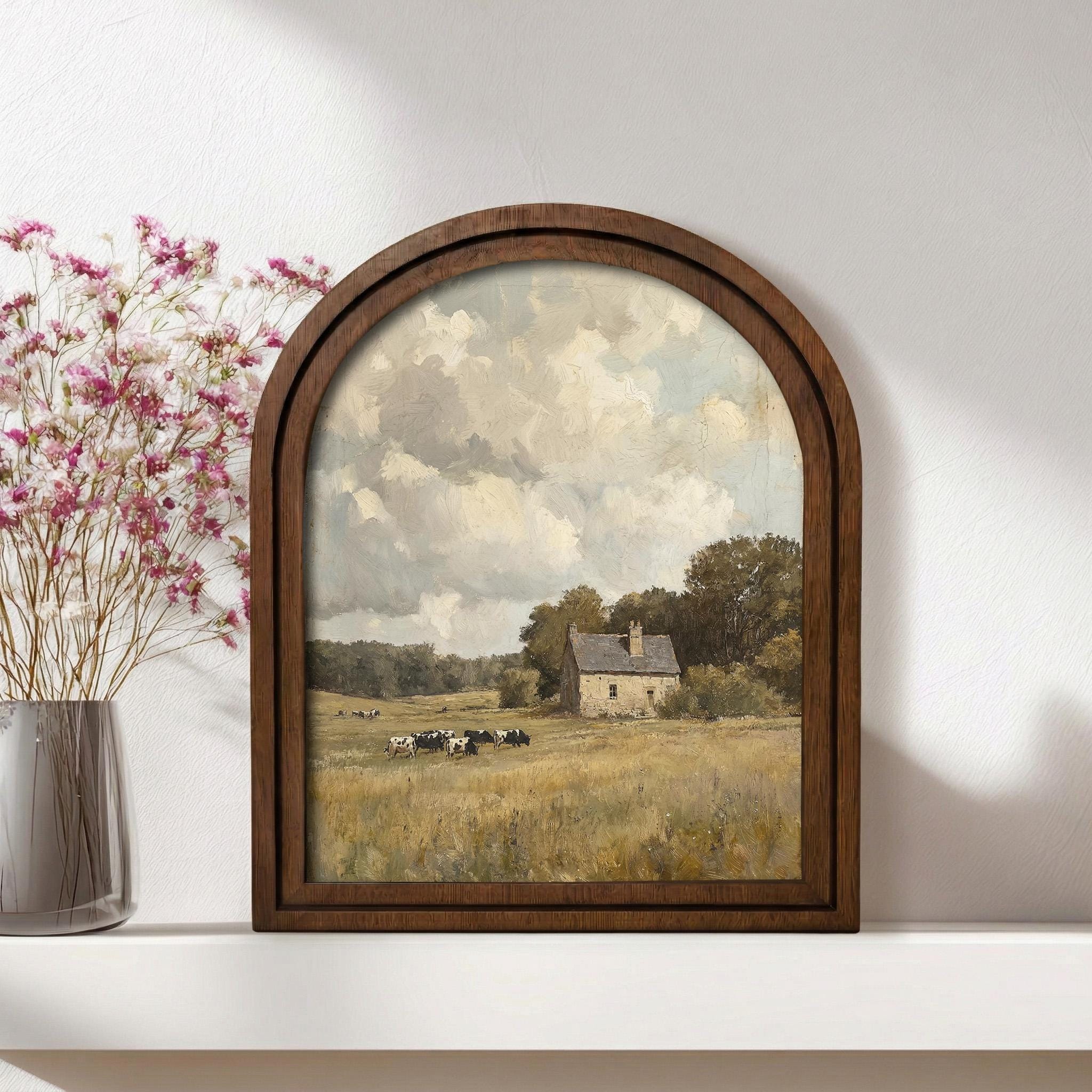 Vintage Farmhouse Cow Landscape Wood Arch Frame, Rustic Stone Cottage Oil Painting, Country Meadow Wall Art, European Farm Canvas Print Gift