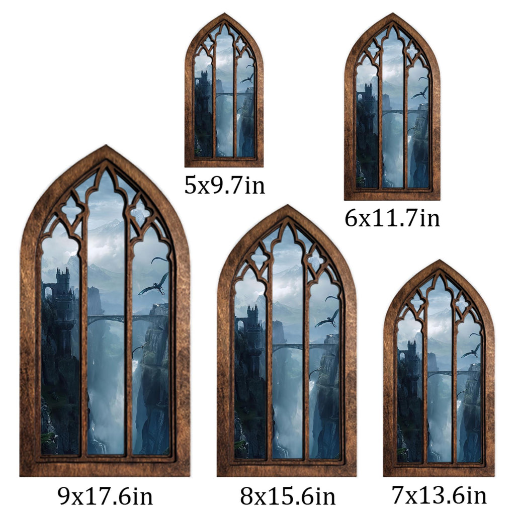 Fantasy Castle Print, Gothic Window Wall Art, Flying Dragon Painting, Cathedral Arch Frame, Dark Academia Decor, Wood Laser Cut Layered Art