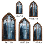 Fantasy Castle Print, Gothic Window Wall Art, Flying Dragon Painting, Cathedral Arch Frame, Dark Academia Decor, Wood Laser Cut Layered Art