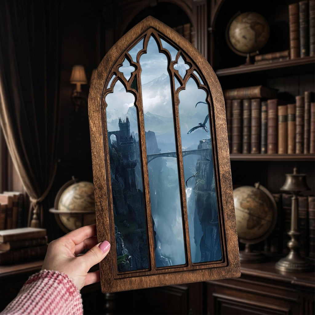 Fantasy Castle Print, Gothic Window Wall Art, Flying Dragon Painting, Cathedral Arch Frame, Dark Academia Decor, Wood Laser Cut Layered Art