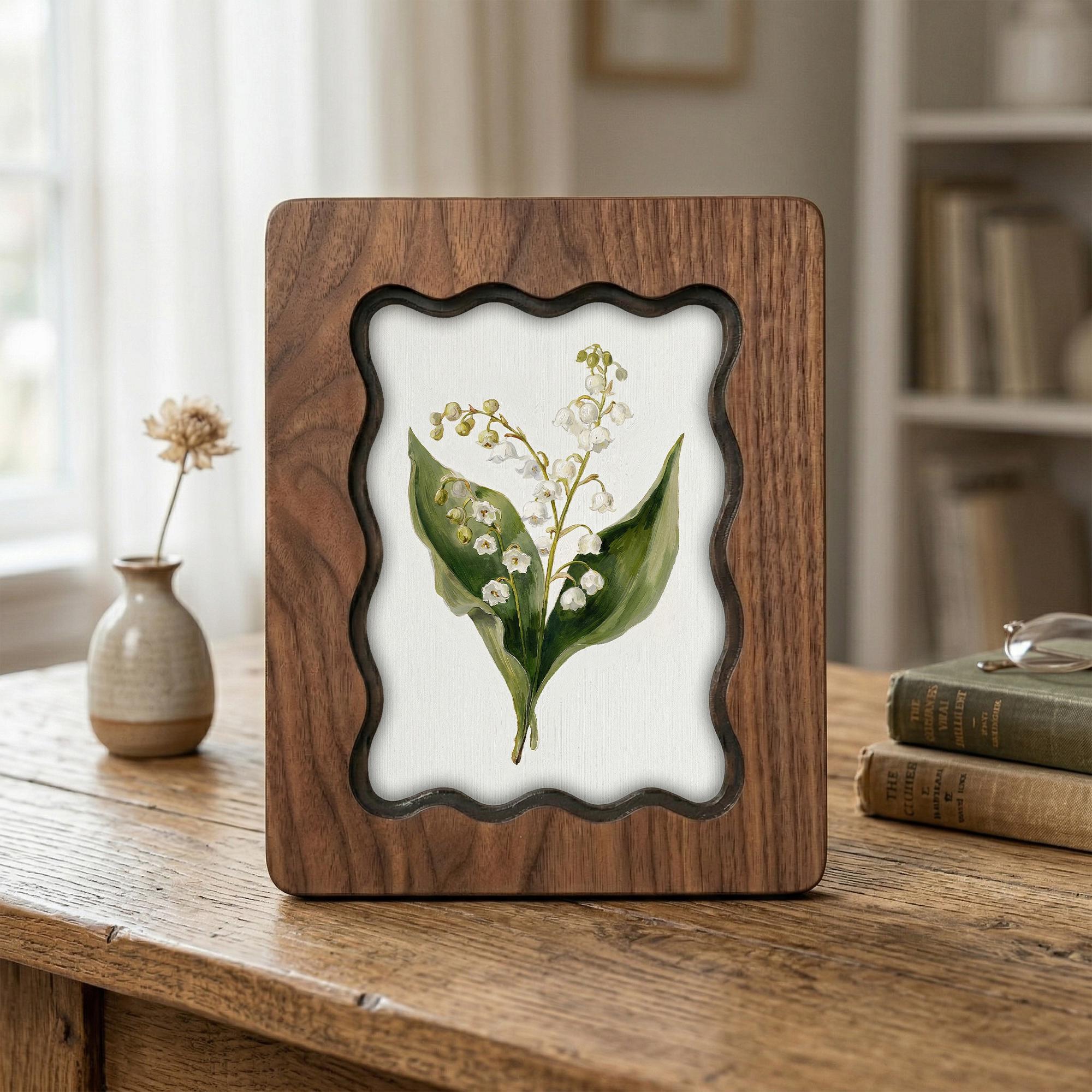 Handmade Scalloped Wood Picture Frame, 3-Layer Plywood Floral Art Frame, Wavy Border Walnut Finish Photo Frame