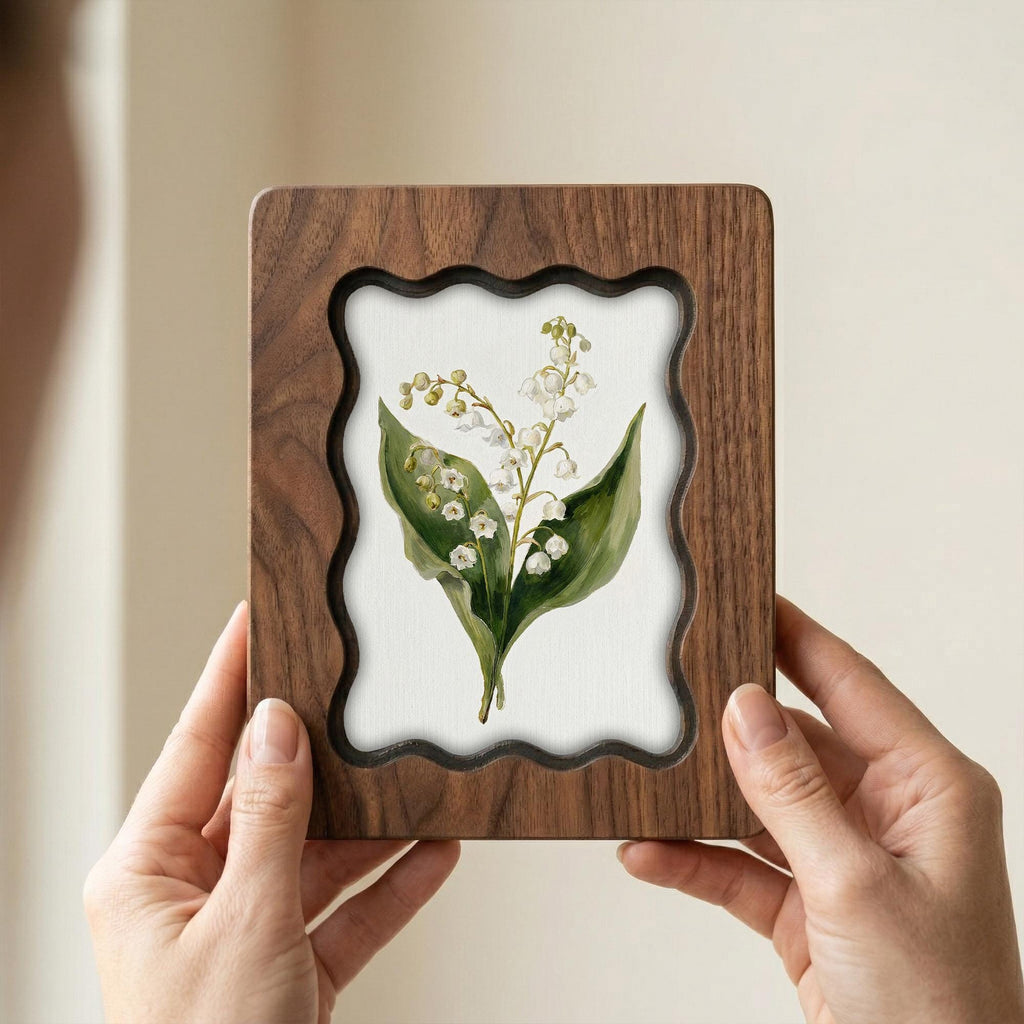 Handmade Scalloped Wood Picture Frame, 3-Layer Plywood Floral Art Frame, Wavy Border Walnut Finish Photo Frame