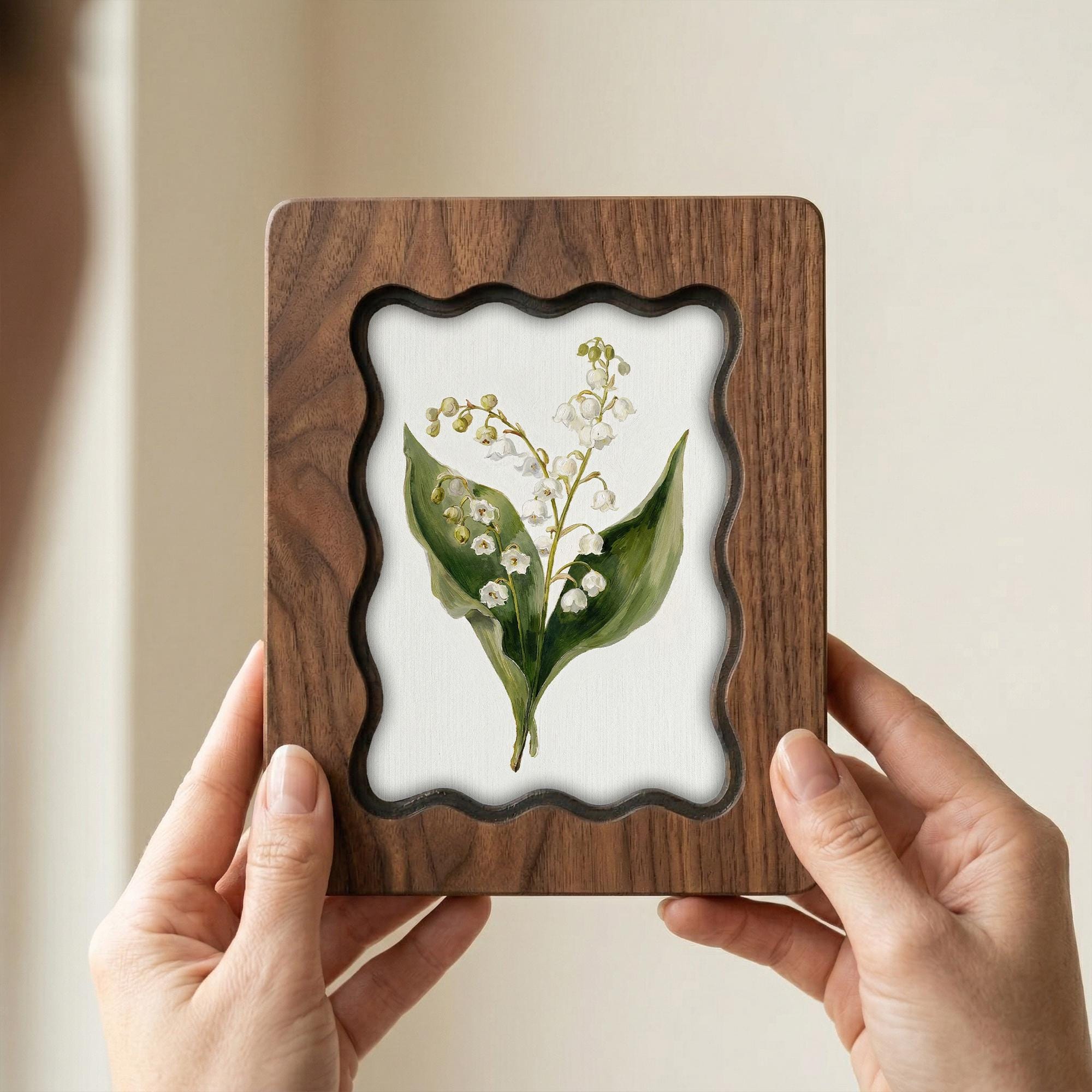Handmade Scalloped Wood Picture Frame, 3-Layer Plywood Floral Art Frame, Wavy Border Walnut Finish Photo Frame