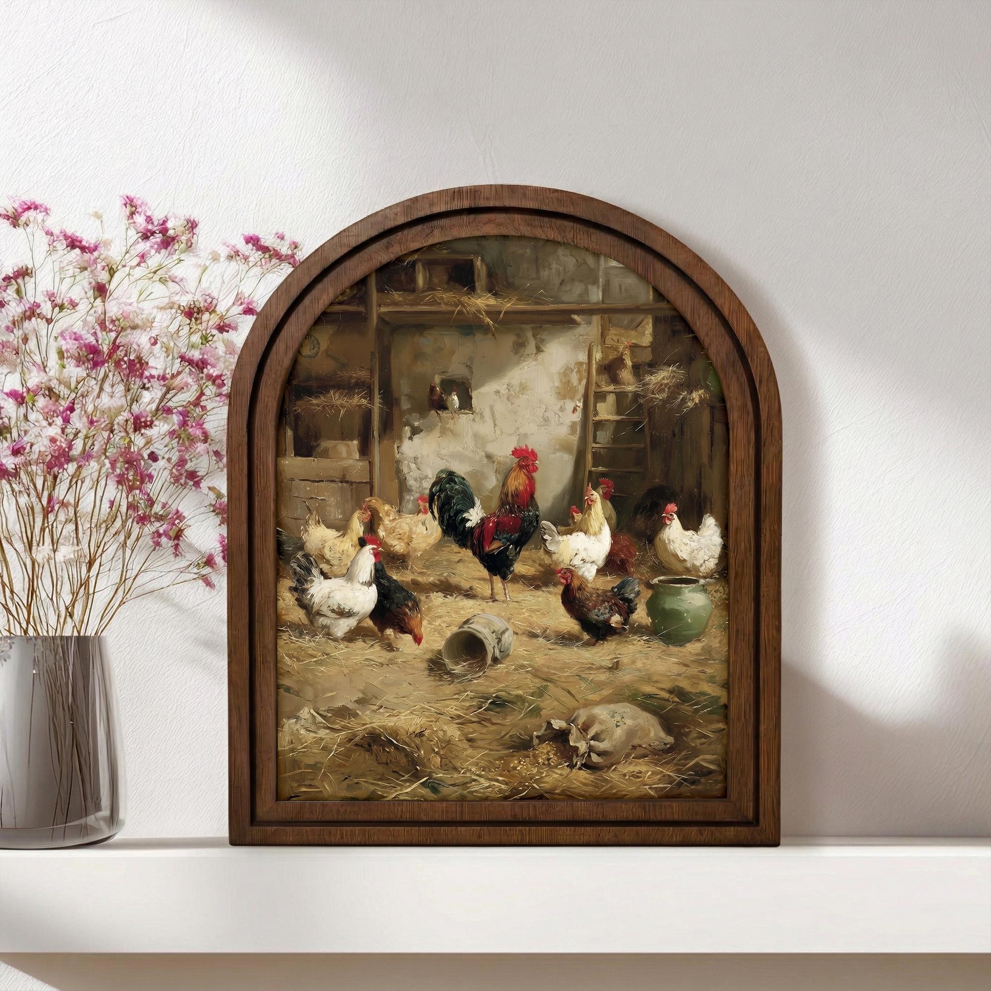Farmhouse Wall Art, Vintage Rooster Print, Chicken Coop Painting, Cottagecore Decor, Rustic Wood Canvas Art, Country Kitchen Decor, Gift