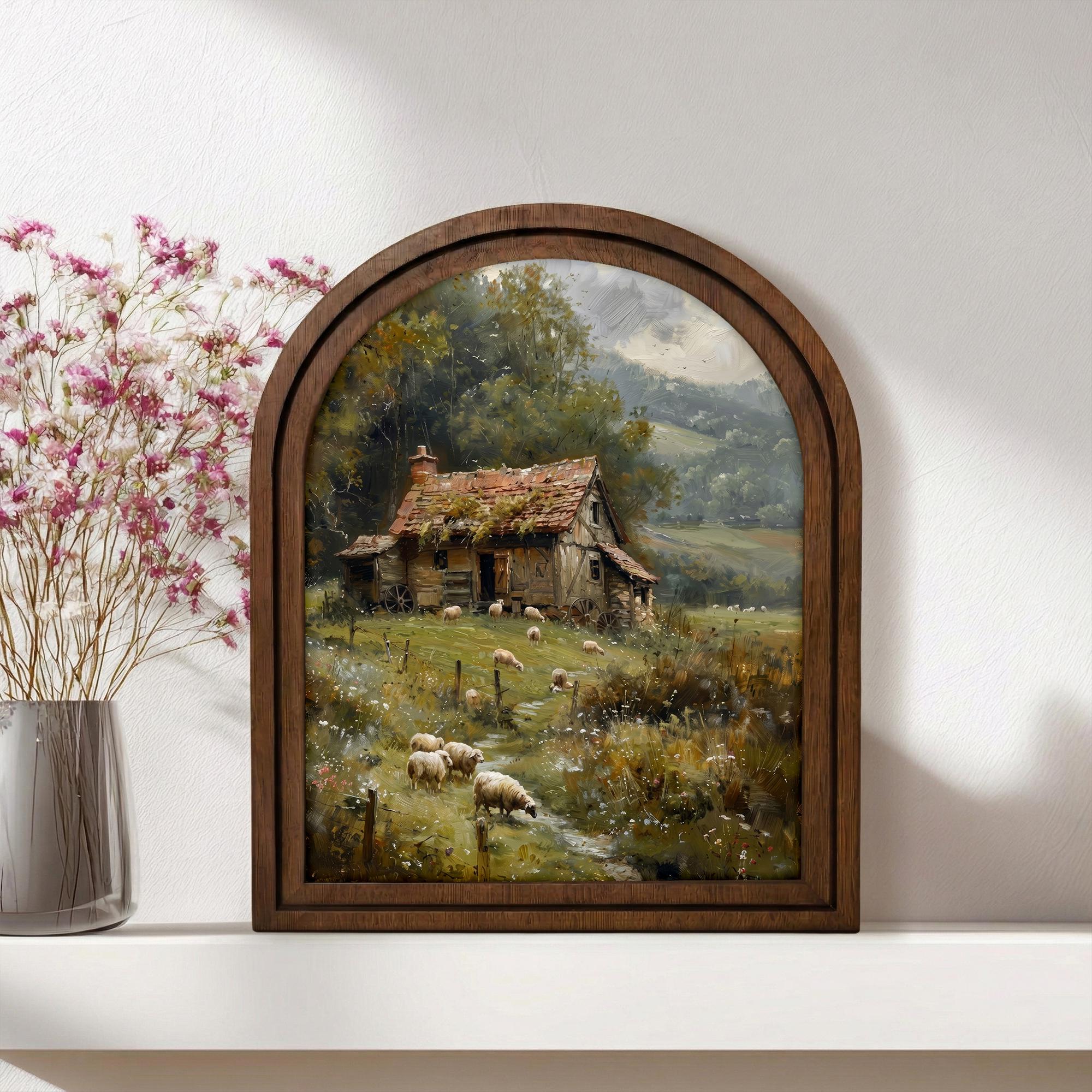 Farmhouse Wall Art, Vintage Cottage Print, Country Landscape Decor, Cottagecore Painting, Rustic Wood Canvas Art, Sheep Pasture Poster, Gift