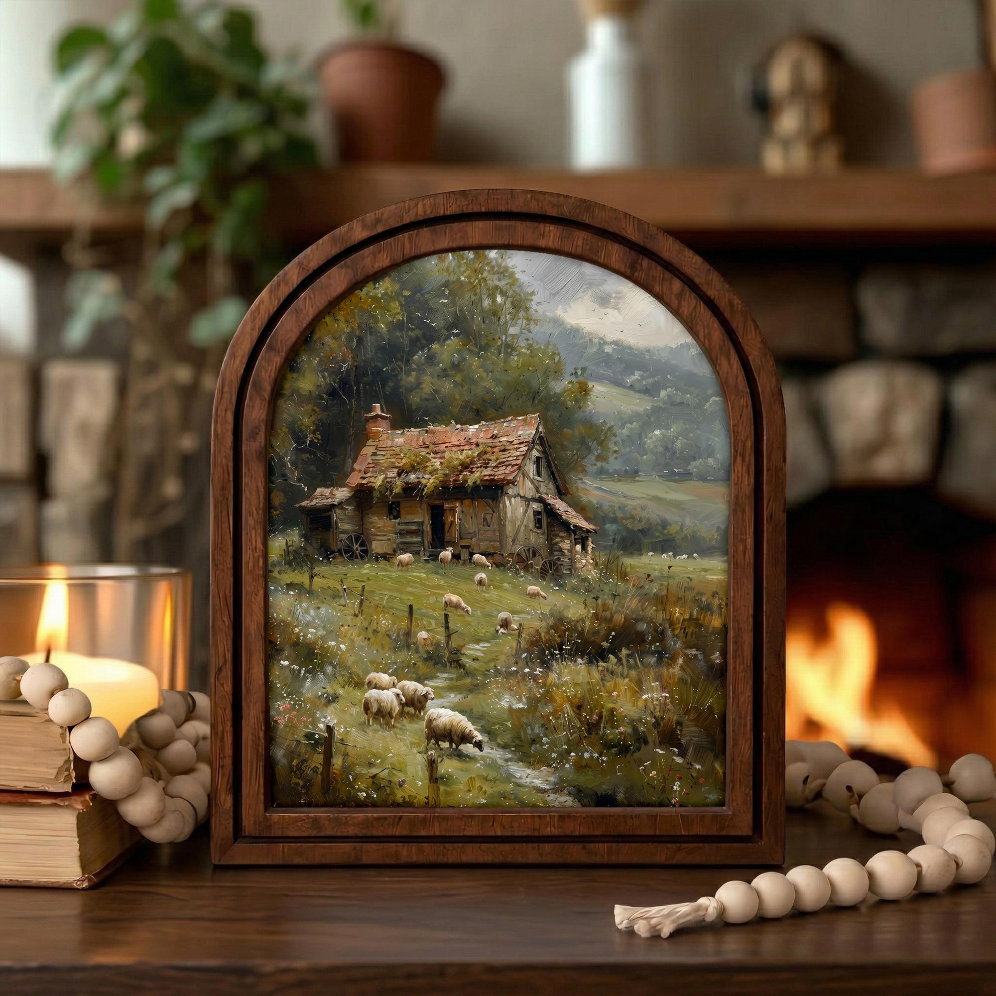 Farmhouse Wall Art, Vintage Cottage Print, Country Landscape Decor, Cottagecore Painting, Rustic Wood Canvas Art, Sheep Pasture Poster, Gift