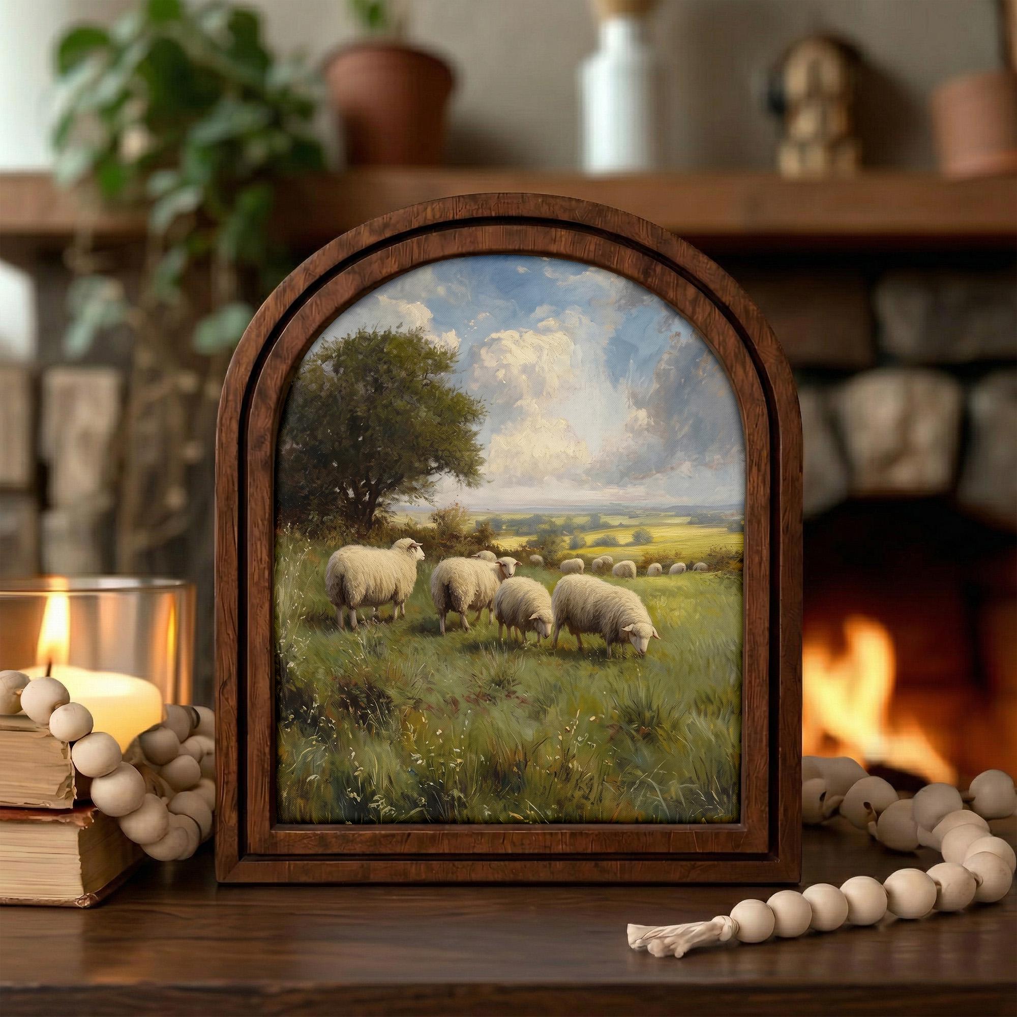 Farmhouse Wall Art, Vintage Sheep Print, Country Landscape Art, Cottagecore Decor, Rustic Wood Canvas Art, Meadow Pasture Poster, Gift