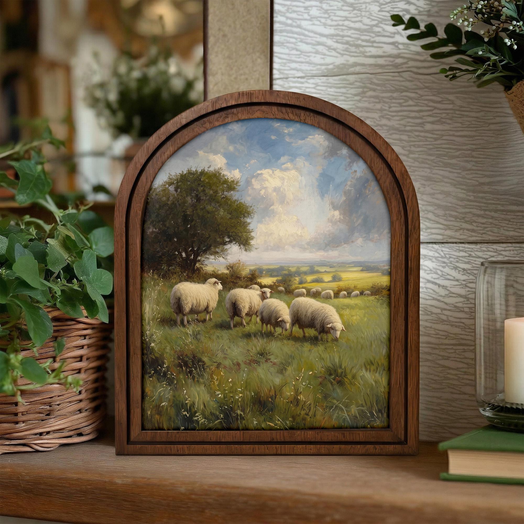 Farmhouse Wall Art, Vintage Sheep Print, Country Landscape Art, Cottagecore Decor, Rustic Wood Canvas Art, Meadow Pasture Poster, Gift