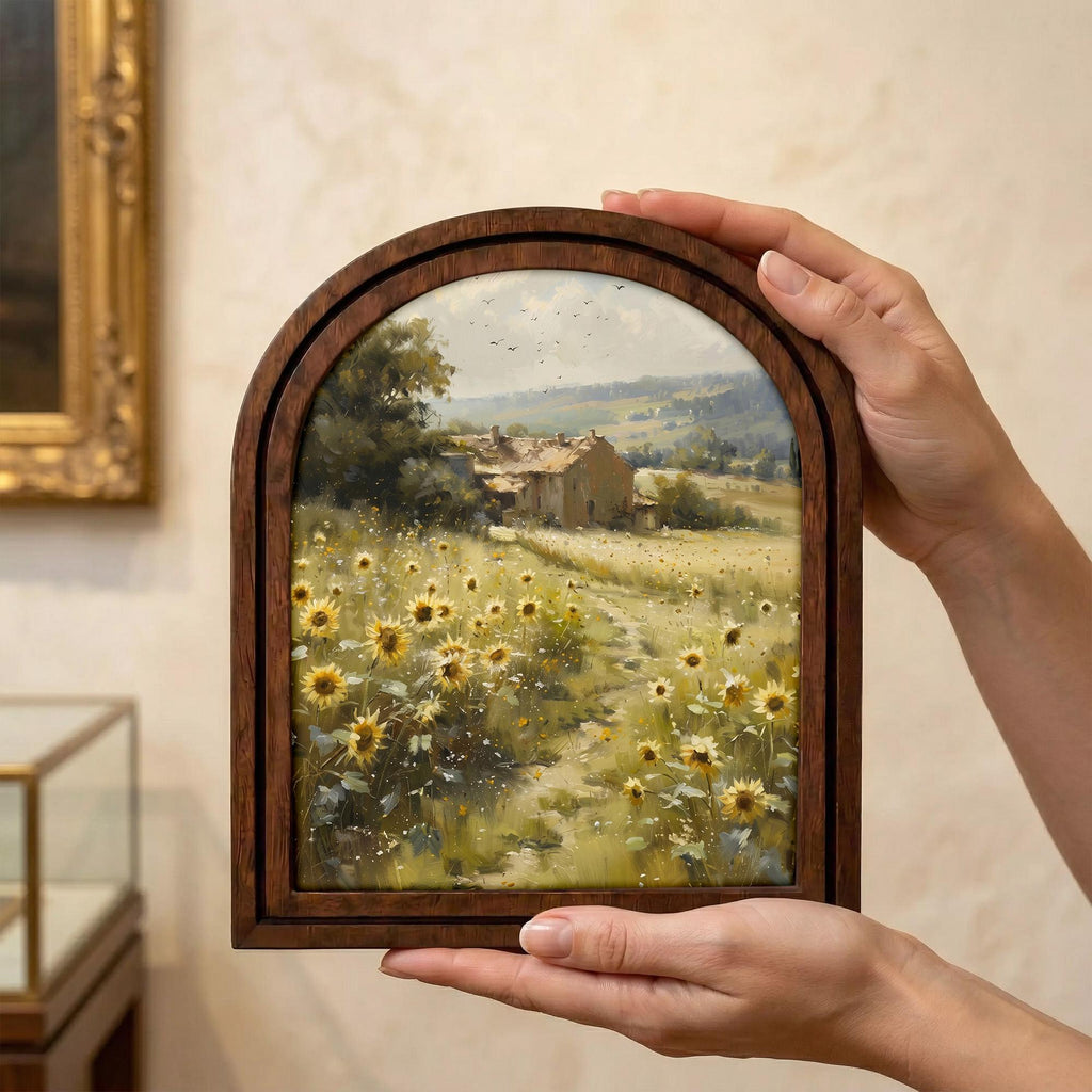Vintage Sunflower Field Oil Painting Wood Frame Wall Art, Arched Country Landscape Canvas on 3-Layer Plywood, Rustic Decor