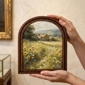 Vintage Sunflower Field Oil Painting Wood Frame Wall Art, Arched Country Landscape Canvas on 3-Layer Plywood, Rustic Decor