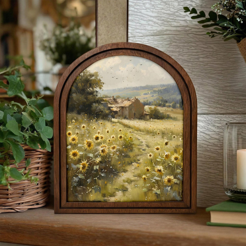 Vintage Sunflower Field Oil Painting Wood Frame Wall Art, Arched Country Landscape Canvas on 3-Layer Plywood, Rustic Decor