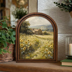 Vintage Sunflower Field Oil Painting Wood Frame Wall Art, Arched Country Landscape Canvas on 3-Layer Plywood, Rustic Decor