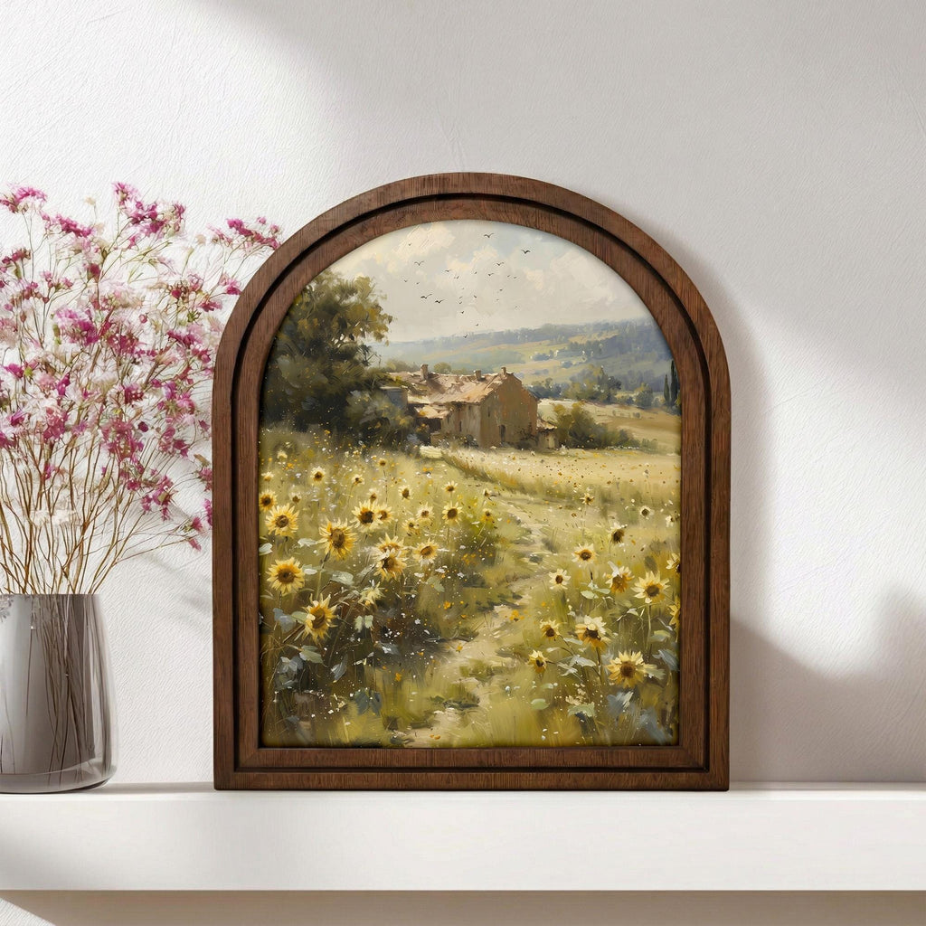 Vintage Sunflower Field Oil Painting Wood Frame Wall Art, Arched Country Landscape Canvas on 3-Layer Plywood, Rustic Decor