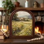 Vintage Sunflower Field Oil Painting Wood Frame Wall Art, Arched Country Landscape Canvas on 3-Layer Plywood, Rustic Decor