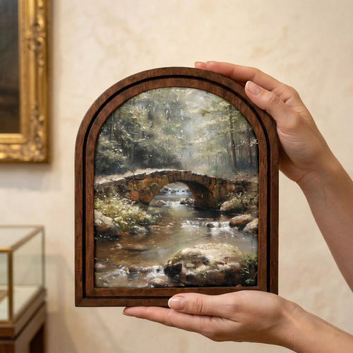 Arched Landscape Frame, Stone Bridge Art, Nature Canvas Painting, Rustic Wood Frame, Forest Stream Print, 3D Layered Frame, Wall Hanging Art