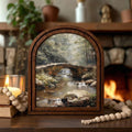 Arched Landscape Frame, Stone Bridge Art, Nature Canvas Painting, Rustic Wood Frame, Forest Stream Print, 3D Layered Frame, Wall Hanging Art