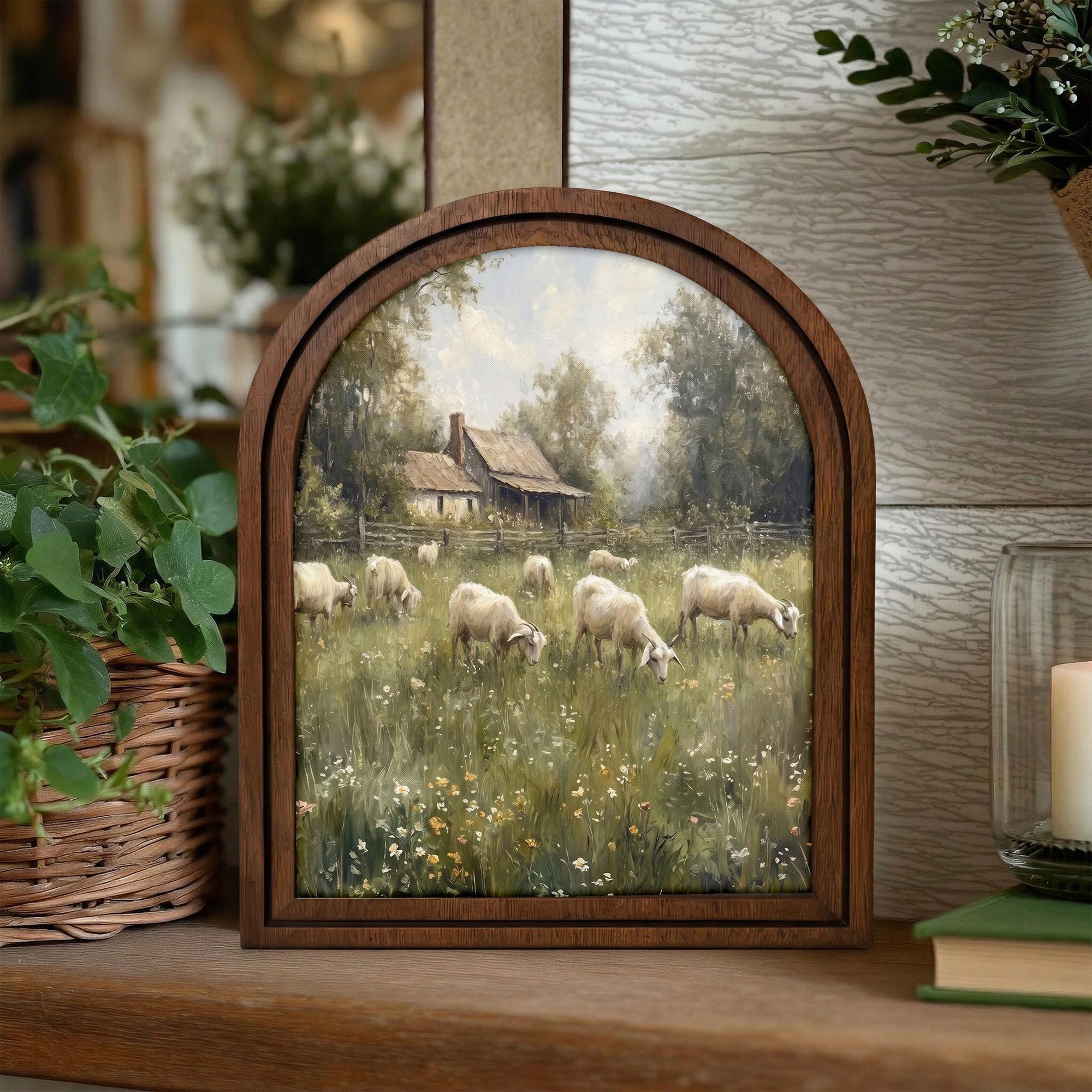 Farmhouse Wall Art, Vintage Goat Painting, Country Landscape Print, Cottagecore Decor, Rustic Wood Canvas Art, Antique Barn Poster, Gift
