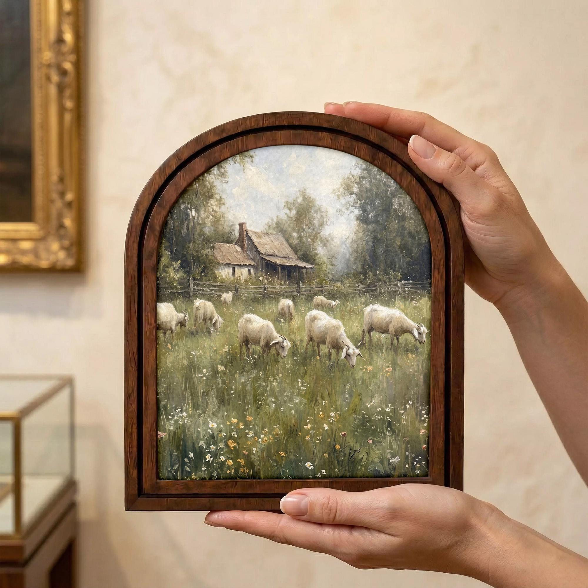 Farmhouse Wall Art, Vintage Goat Painting, Country Landscape Print, Cottagecore Decor, Rustic Wood Canvas Art, Antique Barn Poster, Gift