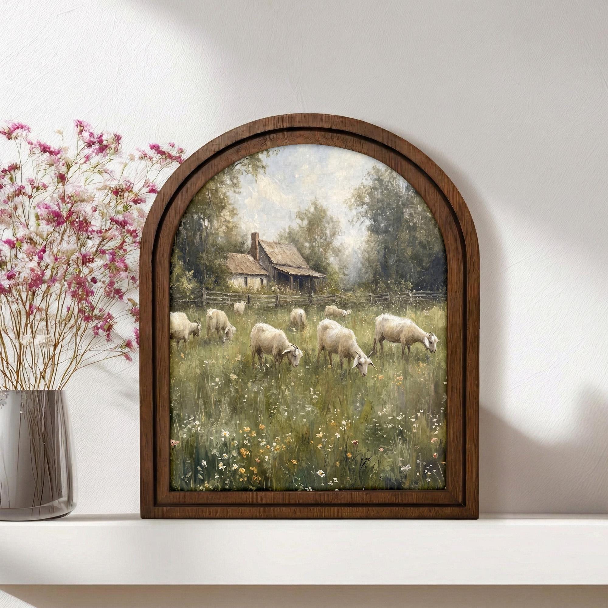 Farmhouse Wall Art, Vintage Goat Painting, Country Landscape Print, Cottagecore Decor, Rustic Wood Canvas Art, Antique Barn Poster, Gift
